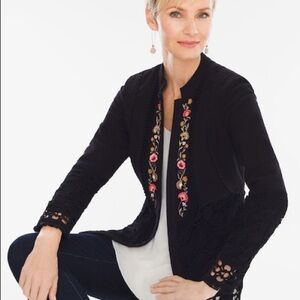 Chico’s Floral Embroidered and Lace Open Front Jacket Size 0P (Petite) Boho